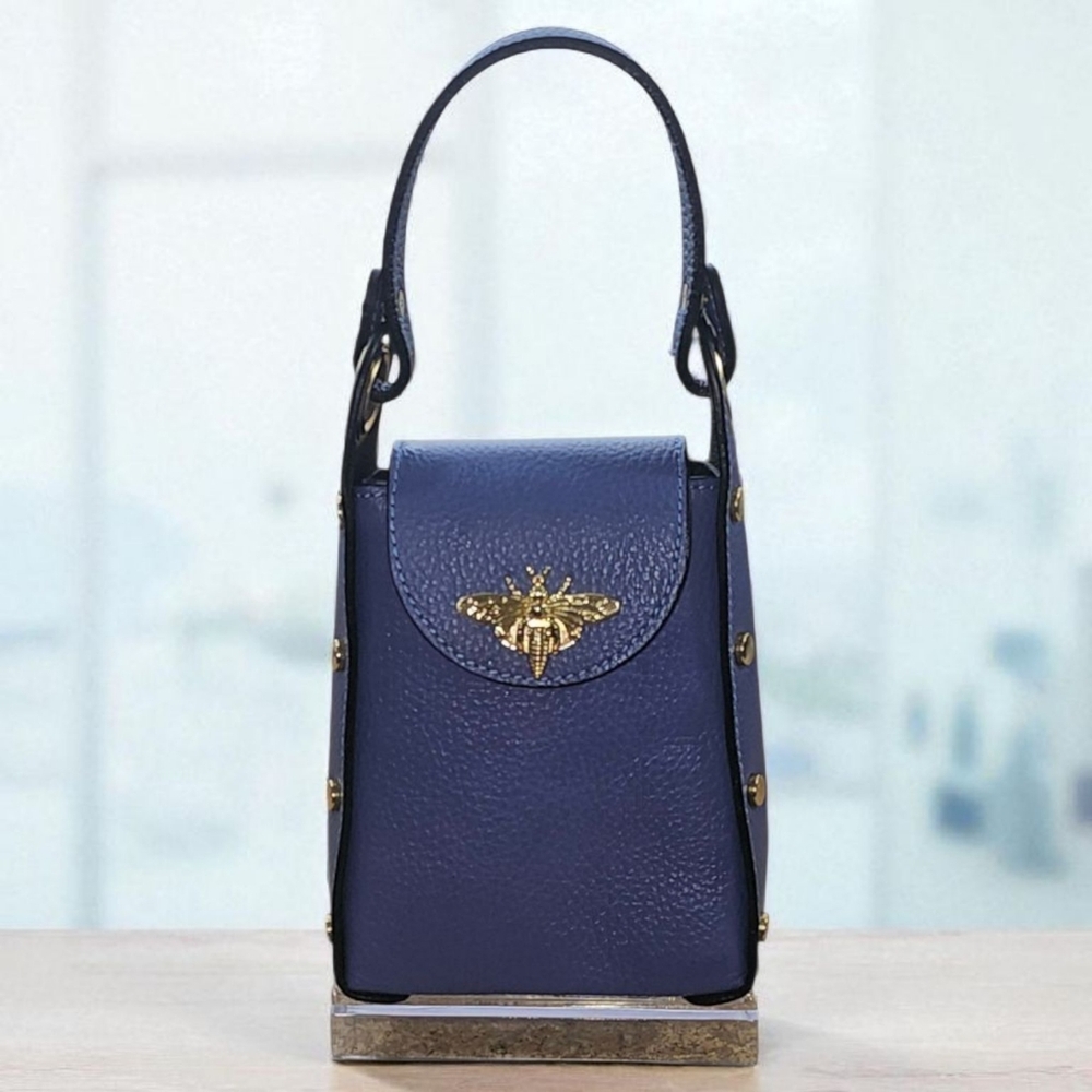 VERA PELLE Cassette Blue Mini Satchel/Crossbody with Gold Bee Accent & Chain - Picture 1 of 12